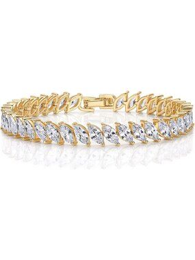 14K Gold Plated Marquise Cut Tennis Bracelet for Women - Sparkling CZ Jewelry